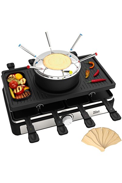 Zilan Fondü seti ile Raclette ızgara | 8 kişilik masa ızgarası | Masif doğal ...