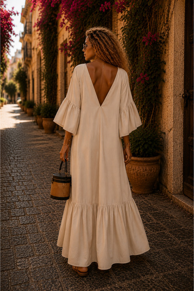 NA ADDESIGN Φόρεμα Aura Oversize Maxi σε Μαύρο, Λευκό και Μπεζ χρώμα με επιλο...