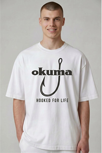 ETİFA Oversize Balıkçı Tişörtü Okuma Hooked For Life %100 Pamuk Premium Beyaz...
