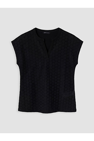 LC Waikiki Black v-neck embroidered blouse