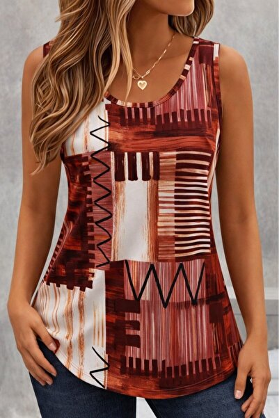 Generic Brand Women's Strappy Round Neck Patterned Single Jersey Blouse