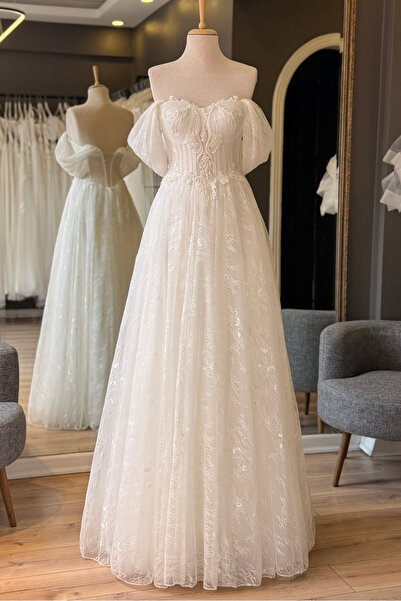 Lenta Moda Beyaz İşlemeli Dantel Detaylı Simli Lez Gelinlik ve Nikah Elbisesi