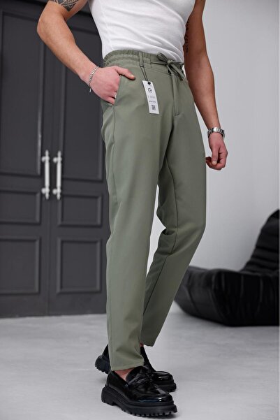 Ser Joven Men's Khaki Relaxed Fit Elastic Waist Lace-Up Jogger Fabric Trouser...