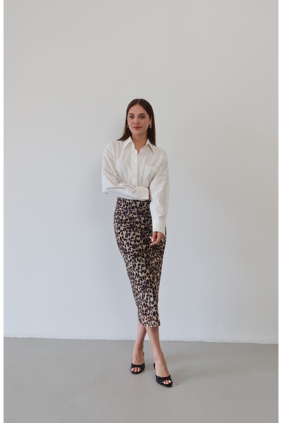 Myra Fashion Yüksek Bel Leopar Desenli Büzgü Detaylı Midi Boy Tül Etek
