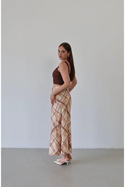 Myra Fashion Yüksek Bel Ekose Desenli Saten Görünümlü Uzun Maxi Etek