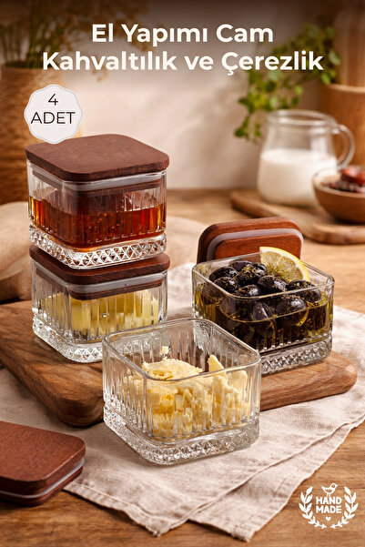 Nandy Home El Yapımı Cam, 4'lü Set Kare, Kahvaltılık ve Çerezlik