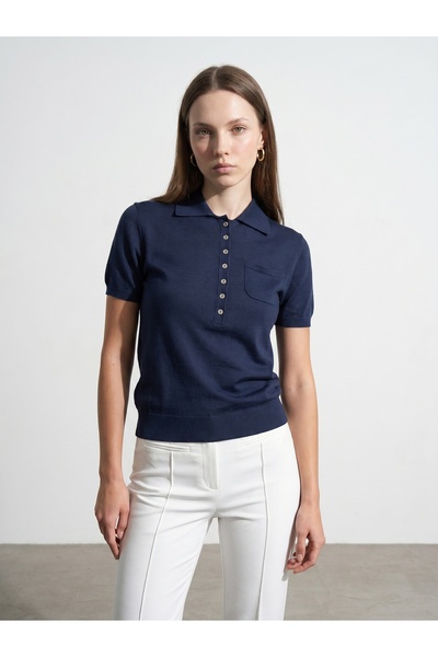 Dilvin 10874 Lyocell Blended Polo Collar Blouse-Navy Blue