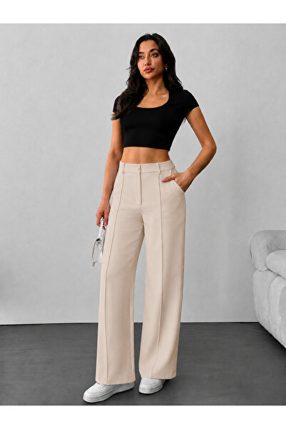 Hazel Women's Stone High Waist Palazzo Trousers