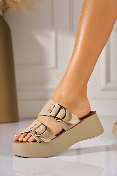 Joana Kinra Beige Faux Suede Platform Slides