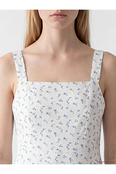 LC Waikiki Blue Square Neck Floral Waist-Slit Dress