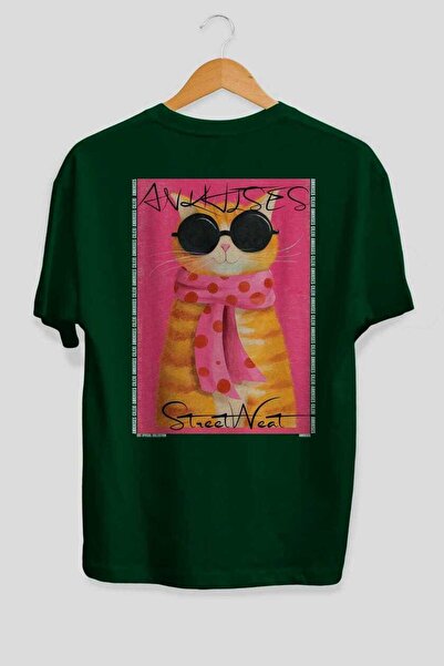 Ankhises For the Love of Cats 118 Cat Printed Green Oversize T-Shirt 100% Cot...
