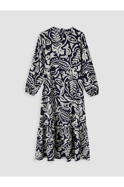 LC Waikiki Navy Blue Ruffled High Neck Patterned Dress