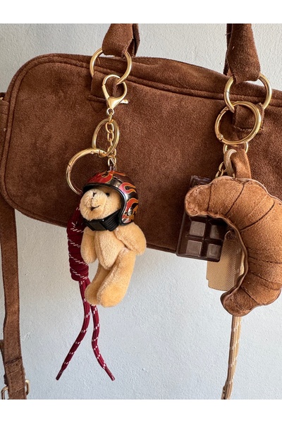 Xui Retro Metalik Alev Desenli Bordo Kasklı Teddy Ayıcık Çanta Charm&Teddy Ay...
