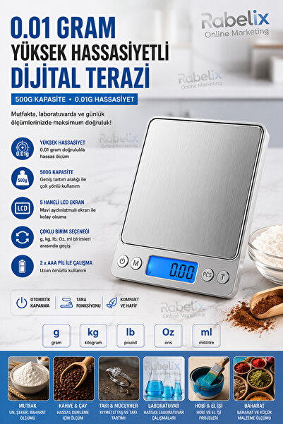 Rabelix Online Marketing 0.01 Gram Hassas Dijital Terazi 500 Gr | LCD Ekranlı...