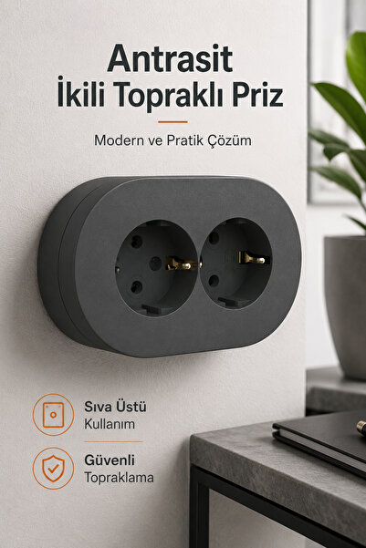 Eco Lounge Antrasit Sıva Üstü İkili Topraklı Priz – Modern Şık Tasarım, Dayan...