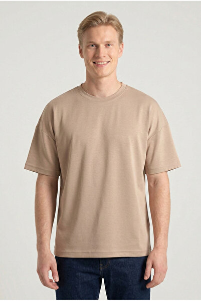 ELAFRO Men's Beige Oversize Modal Fabric Silky Textured Crew Neck T-Shirt