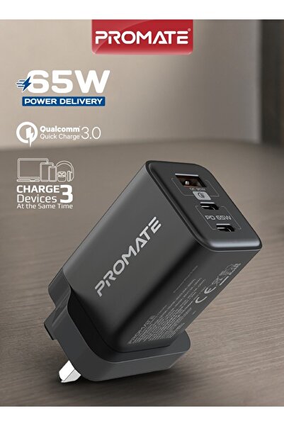 Promate شاحن GaN بقوة 65 واط مع منفذ USB-C، شاحن سريع عالمي قوي بتقنية GaN مع...