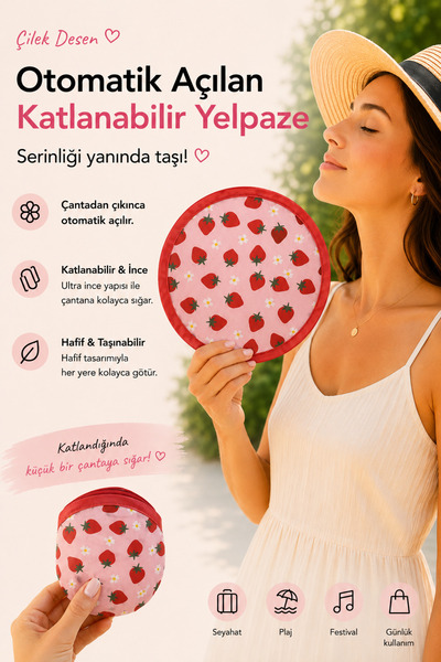Handalin Çilek Desenli Otomatik Açılan Katlanabilir Yuvarlak Yelpaze – Çantal...