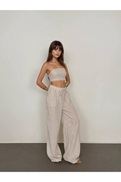 LOKADI Linen Look Strapless Bustier and Wide-Leg Pants Two-Piece Set