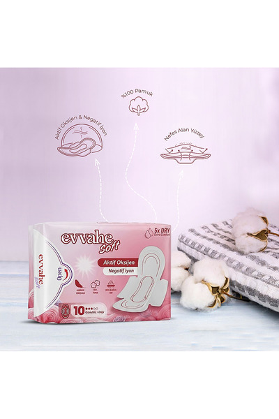 EVVAHE DOĞAL Hygienic Pad Daytime 1 Piece of 10-Pack Active Oxygen, Negative Ion, Maximum Softness, 100% Cotton, Breathable Structure