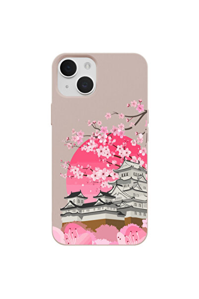 Casen iPhone 15 Pudra Lansman Sakura Renkli Silikon Kılıfı