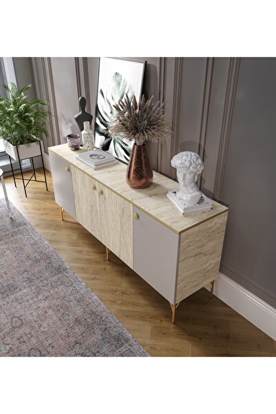 WENCE Traverten Çok Amaçlı Modern Konsol, 4 Kapaklı 160cm Mermer Desenli Konsol - Tamamı MDF