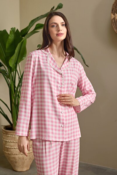 Lohusa Homewear New Season Pink Shirt Collar Lace Detailed Buttoned Plaid Spe...