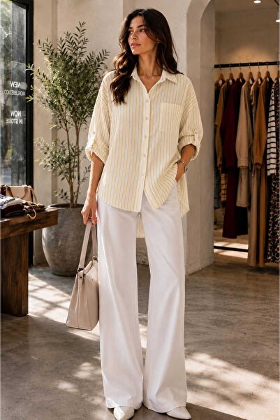 Moda Zerova kadın çizgili oversize tek cepli rahat kalıp keten gömlek