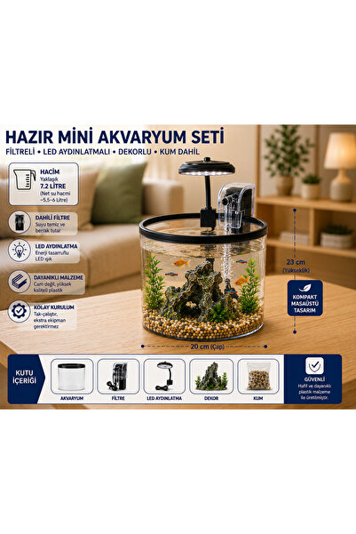 DawAqua Hazır Yuvarlak Akvaryum Set 7111-3 - Silindir Mini Boy USB Filtreli L...