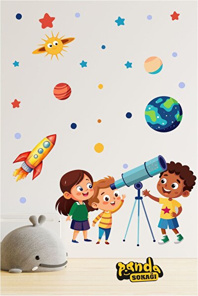 PANDA SOKAĞI Dürbünle Gezegenlere Bakan Çocuklar Kendinden Yapışkanlı Sticker