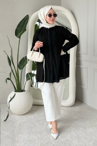 Tesettür Diyarı Nia Brode Lace Fabric Ruffled Collar Lined Hijab Shirt - Black