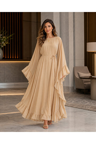 BVOİCE SELECTİONS Asimetrik kesim bağcıklışifon Abaya Takım-Bej