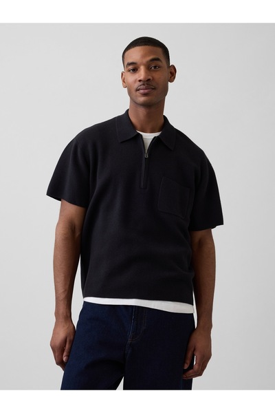 GAP Erkek Siyah Oversized Yarım Fermuarlı Cepli Triko Polo T-Shirt