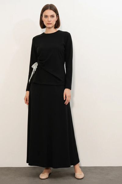 Şeker Portakalım Women's Round Neck Gathered Waist Black Double Set with Scarf
