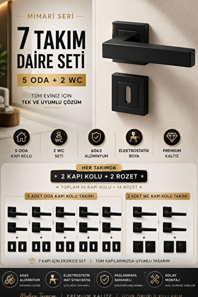 MEGAHOME STORE Siyah Kapı Kolu Lama Kare Rozetli 3+1 Daire Seti (7 Takım) Siy...