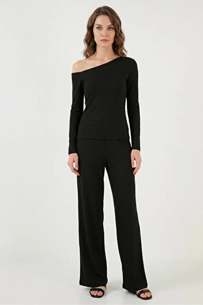 buğrahayalin Women's Asymmetrical Collar Off-Shoulder Black Suit