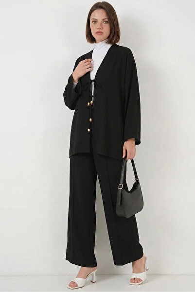 buğrahayalin Women's V-Neck Black Two-Piece Set