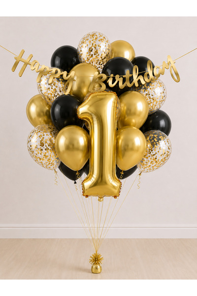 Balonsan -1- Age Gold Happy Birthday Banner Themed Balloon Bundle 15 Pieces