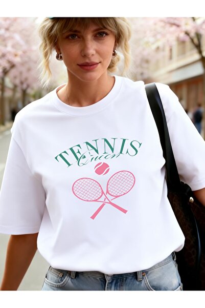 AEMİ Tricou unisex cu imprimeu tenis, supradimensionat, cu gât rotund