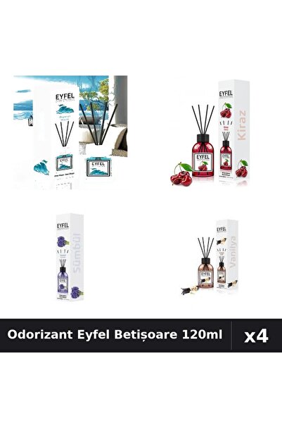 Eyfel Set 4 Odorizant Cameră Betișoare 120ml - Ocean, Cireșe, Zambile, Vanilie