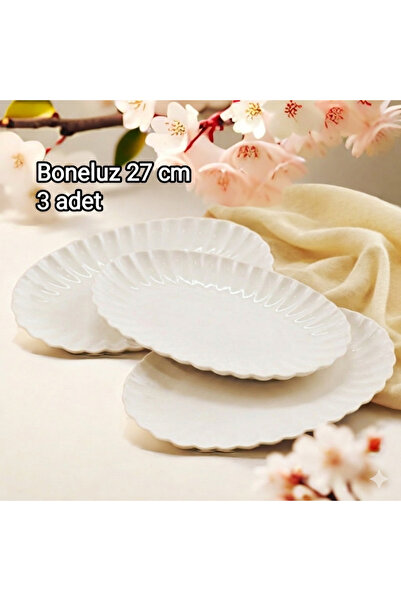 Kütahya Porselen Boneluz 3 adet 27 cm Kayık Tabak Salata Sunum Tabağı