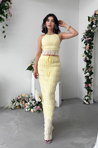 Moda Days Women's Backless Pleated Two-Piece Set Halter Neck Crop Blouse and ...