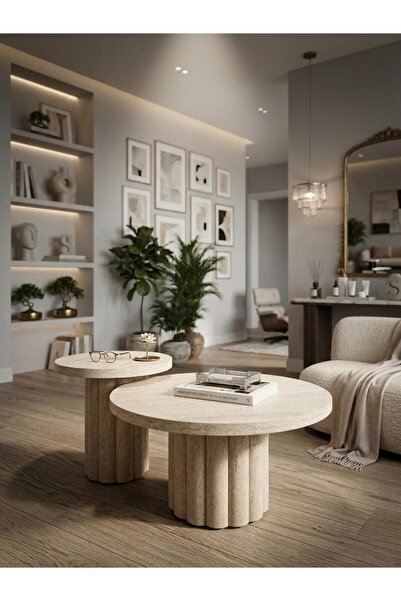 Lisso Home Atina Yuvarlak Traverten Orta-Yan Sehpa Set 79x79-50x50