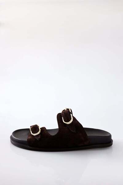 5in1Canpolat Brown Suede Buckle Slippers 50602