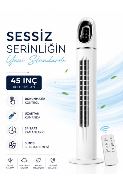 SMAYLİNG Kule Tipi Vantilatör 45 İnç, Uzaktan Kumandalı, 3 Hız Kademeli, 3 Mo...