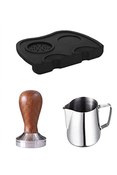VESTRON Espresso 3lu Set| Ahşap Tamper Sut Potu Espresso Mat2