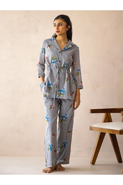 Sanskrutihomes By Styli Black Floral Lapel Collar Cotton Shirt and Pants Pyja...