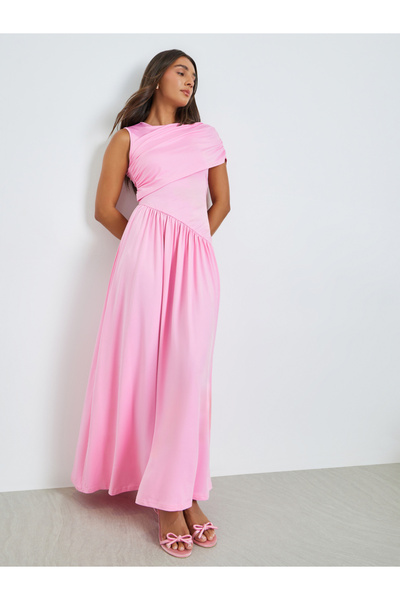 Styli Pink Irregular Shawl Sleeve A-Line Maxi Dress