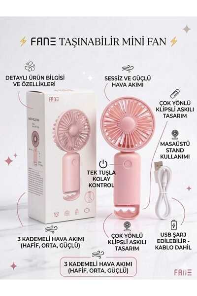FANE Fan Taşınabilir Şarjlı El Fanı 3 Kademeli Sessiz ve Ergonamik El Vantila...