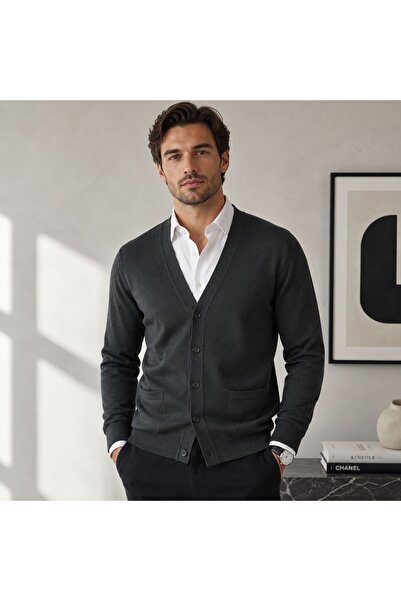 GÖMLEK GALERİSİ Men's Regular Fit Cut Plain Organic Woven Cotton Cardigan